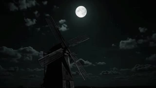 Silhouette of Traditional Windmill under a Bright Full Moon at Night