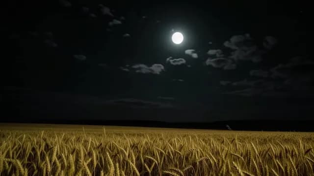 Full Moon Shining Over Golden Wheat Field at Night