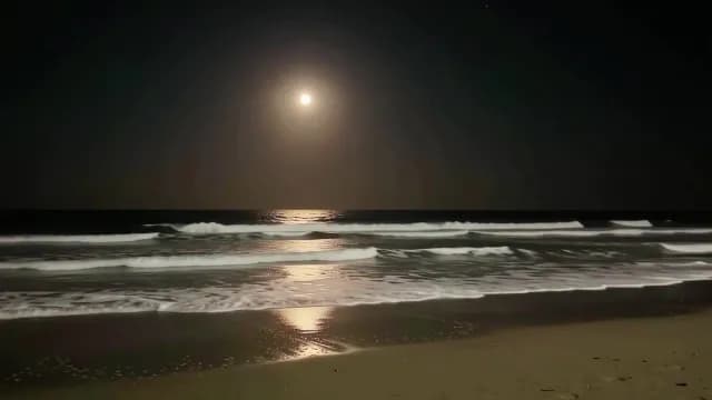 Serene Full Moon Night over Breaking Ocean Waves and Sandy Beach