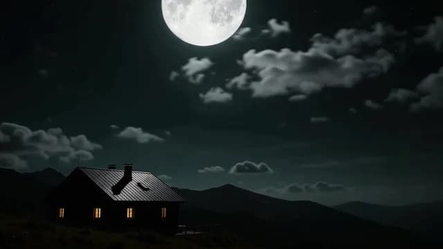 Cozy Mountain Cabin Glowing Under Large Full Moon Night Sky