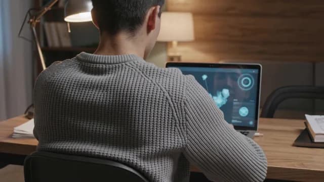 Man Analyzing Complex Medical Data on Laptop in Home Office