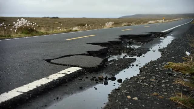 Severely Damaged Asphalt Road with Erosion and Puddles in Remote Landscape