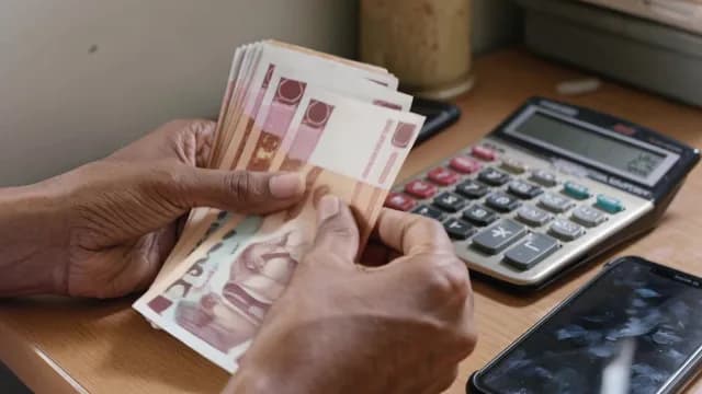 Close-Up of Hands Counting Thai Baht Banknotes with Calculator