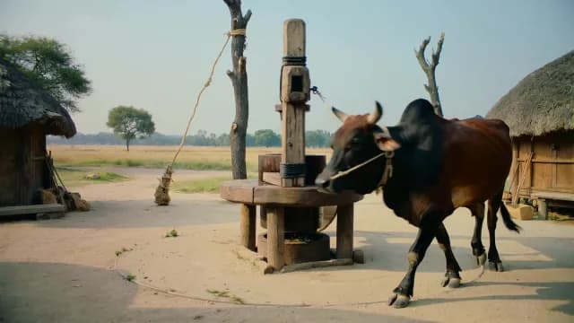 Traditional Bull-Driven Wooden Oil Press in a Rural Village