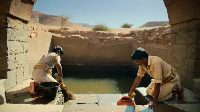 Men Cleaning and Collecting Water from Traditional Stone Well