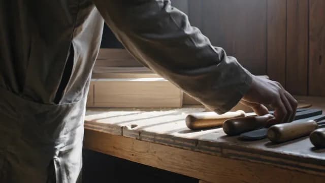 Carpenter Reaching for Woodworking Chisels on a Sunlit Workbench