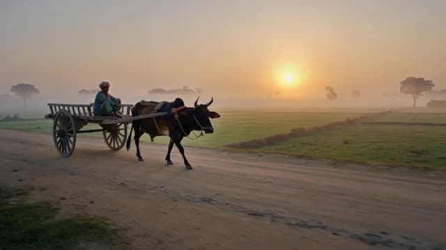 Traditional Bullock Cart Traveling Through Misty Rural Fields at Sunrise