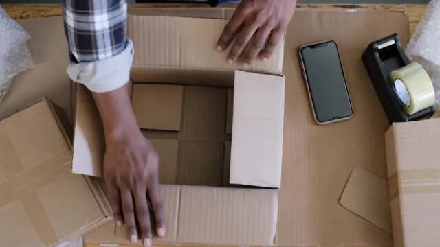 Overhead View of Small Business Owner Packing Cardboard Box for Shipping