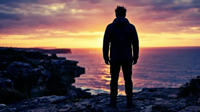 Man Standing on Rocky Cliff Watching Vibrant Ocean Sunset