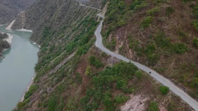 Aerial View of Winding Mountain Road Along a Alaknanda River, Rudraprayag Road, Uttarakhand