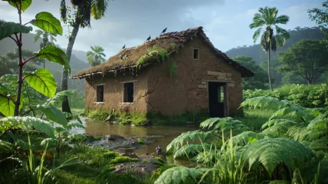 Rustic Mud Hut in Lush Tropical Jungle During Rain