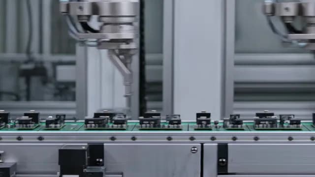 Automated Robotic Arm Assembling Circuit Boards on Factory Conveyor Belt