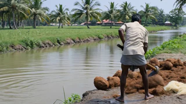 Indian Worker Processing Coconuts by Kerala Backwaters