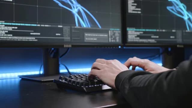 Software Developer Coding on Mechanical Keyboard with Dual Screen Setup