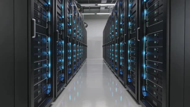Modern Data Center Server Racks with Blue Liquid Cooling System