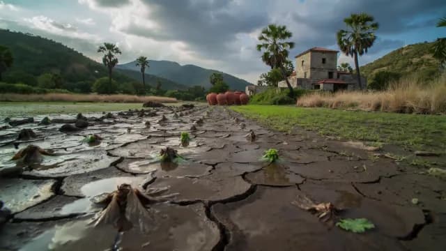 Young Crops Growing in Parched Soil Near Traditional Stone House