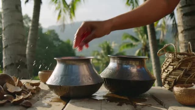 Traditional Metal Pots and Water Splash in Tropical Outdoor Kitchen