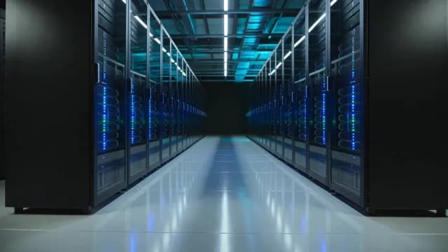 Futuristic Data Center Corridor with Rows of Network Servers