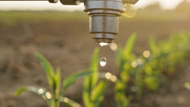 Close-Up of Irrigation Nozzle Dripping Water on Young Crops at Sunset