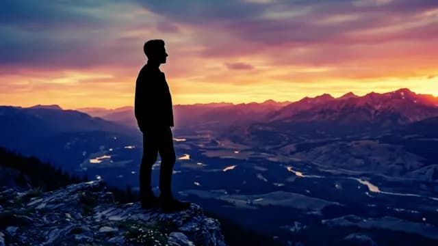Silhouette of Man Standing on Mountain Peak at Sunset