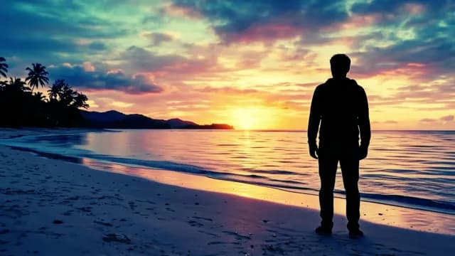 Man Standing on Tropical Beach Watching Vibrant Sunset Silhouette