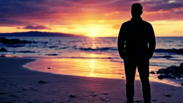 Man Silhouette Watching Vibrant Sunset on a Peaceful Beach