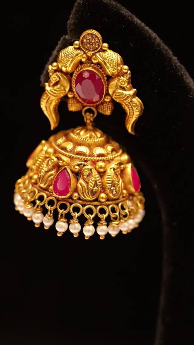 Exquisite Traditional Indian Gold Jhumka Earring with Rubies and Pearls