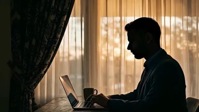 Silhouette of Businessman Working on Laptop at Sunset Home Office