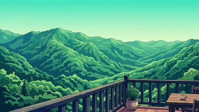 Peaceful Anime Style Balcony View Overlooking Lush Green Mountains