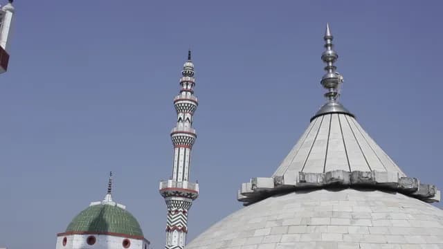 Intricate Mosque Architecture Featuring Patterned Minaret and Domes Under Clear Sky, Bu Ali Shah Qalandar Dargah, Panipat, Haryana
