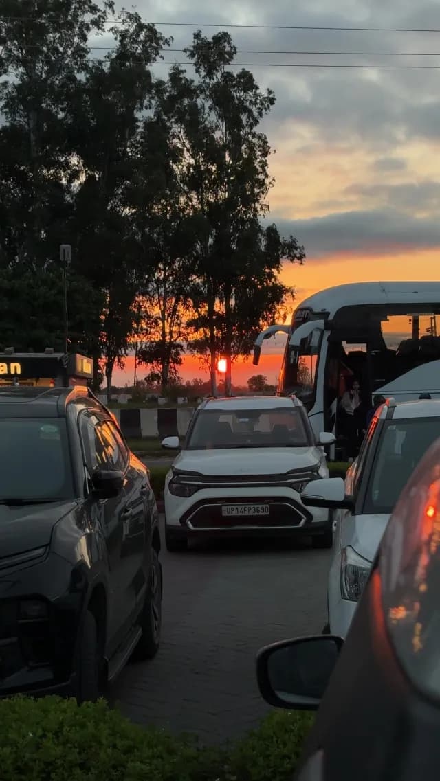 Traffic Congestion During a Vibrant Sunset on an Indian Road
