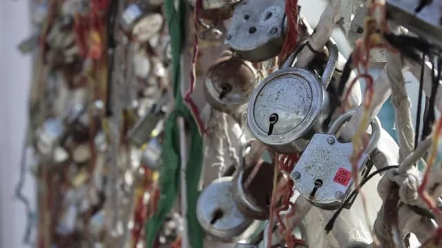 Close-up of Numerous Padlocks and Colorful Threads on a Fence, Dargah, Panipat