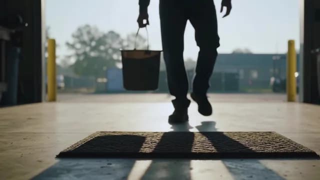 Silhouette of Worker Carrying Bucket into Garage at Sunrise
