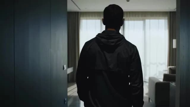 Rear View of Man in Hoodie Walking into Modern Luxury Apartment