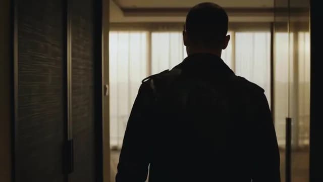 Cinematic Silhouette of a Man in Leather Jacket Entering a Room