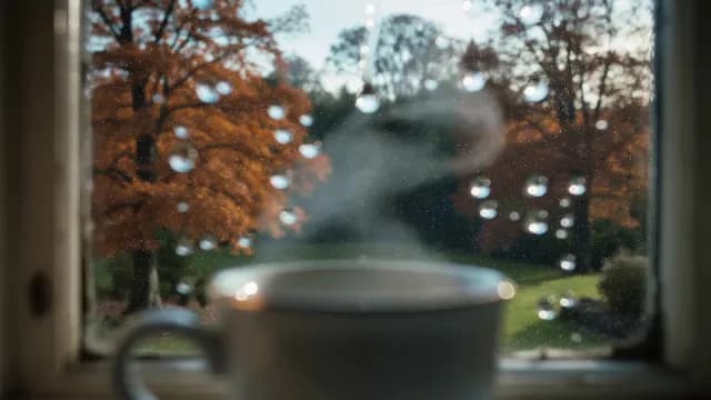 Steaming Hot Coffee by Rainy Window with Autumn Foliage View