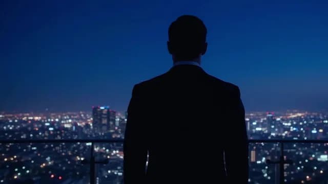 Businessman Silhouette Overlooking City Skyline at Night