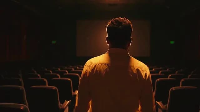 Rear View of Man Standing in Empty Movie Theater Hall