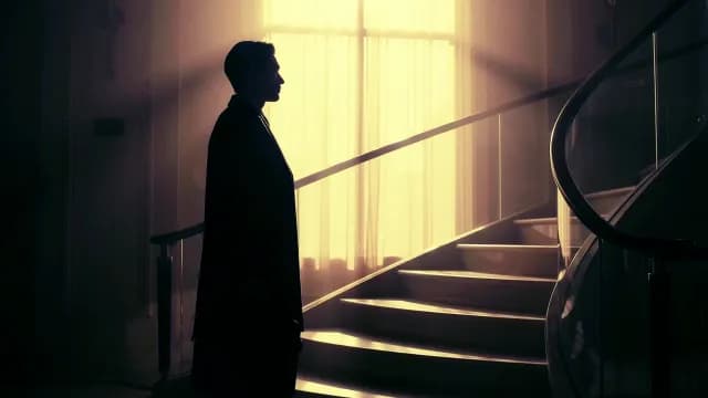 Silhouette of a Businessman Standing on a Grand Staircase in Sunlight