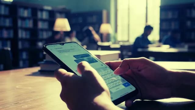 Person Texting on Smartphone in a Quiet University Library