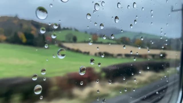 Raindrops on Train Window with Blurred Countryside Landscape Background