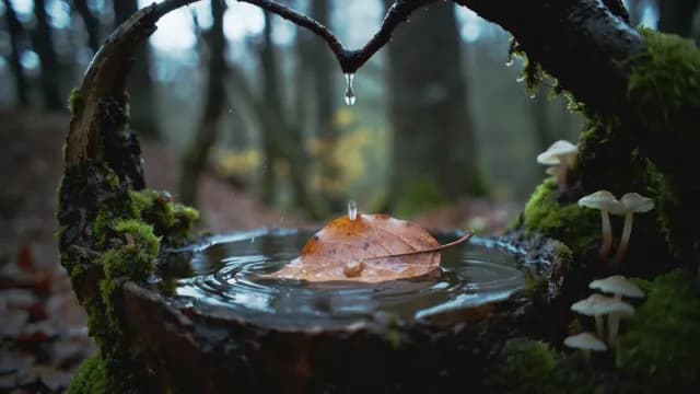 Raindrop Falling on Autumn Leaf in Mossy Forest Stump