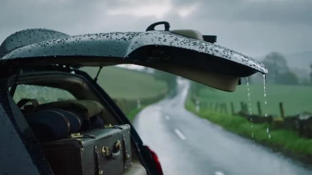 Open Car Trunk with Vintage Luggage on a Rainy Country Road