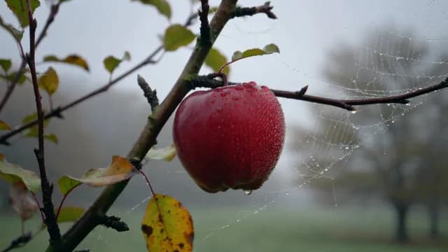 Ripe Red Apple with Morning Dew Drops in a Foggy Orchard