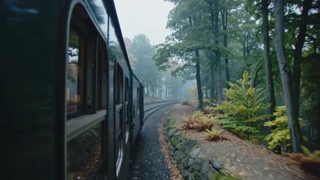 Scenic Train Journey Through Foggy Woodland Landscape