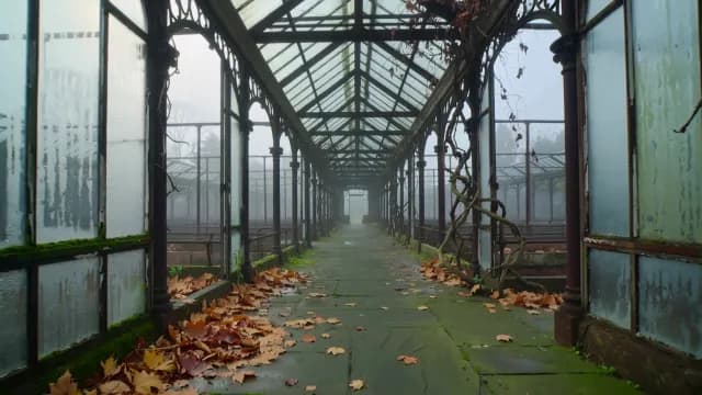Abandoned Victorian Greenhouse with Fallen Leaves in Foggy Weather
