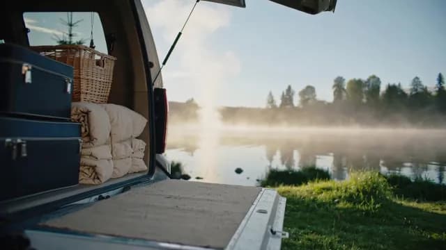 Scenic Morning Car Camping and Travel Adventure by a Misty Lake