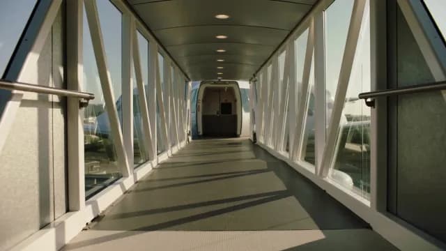 Empty Airport Jet Bridge Leading to Open Airplane Door