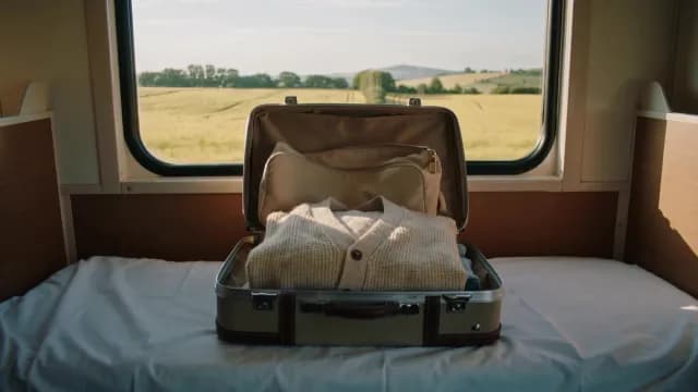 Open Suitcase on Train Bed with Scenic Countryside View