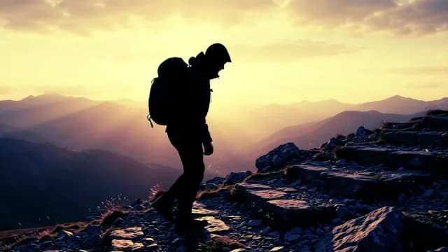Silhouette of Hiker Walking on Mountain Ridge at Sunset